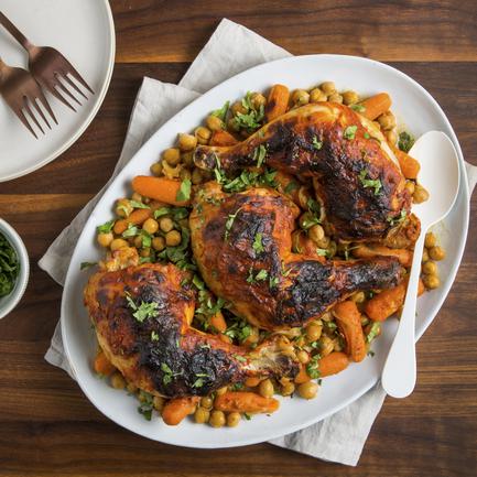 Harissa-Roasted Chicken Legs with Chickpeas and Carrots