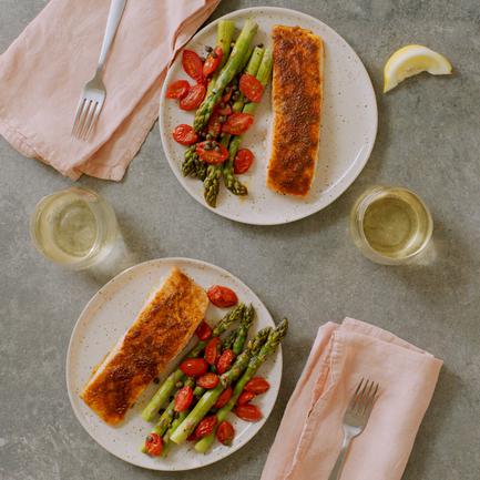 Old Bay Salmon with Asparagus, Tomatoes and Capers