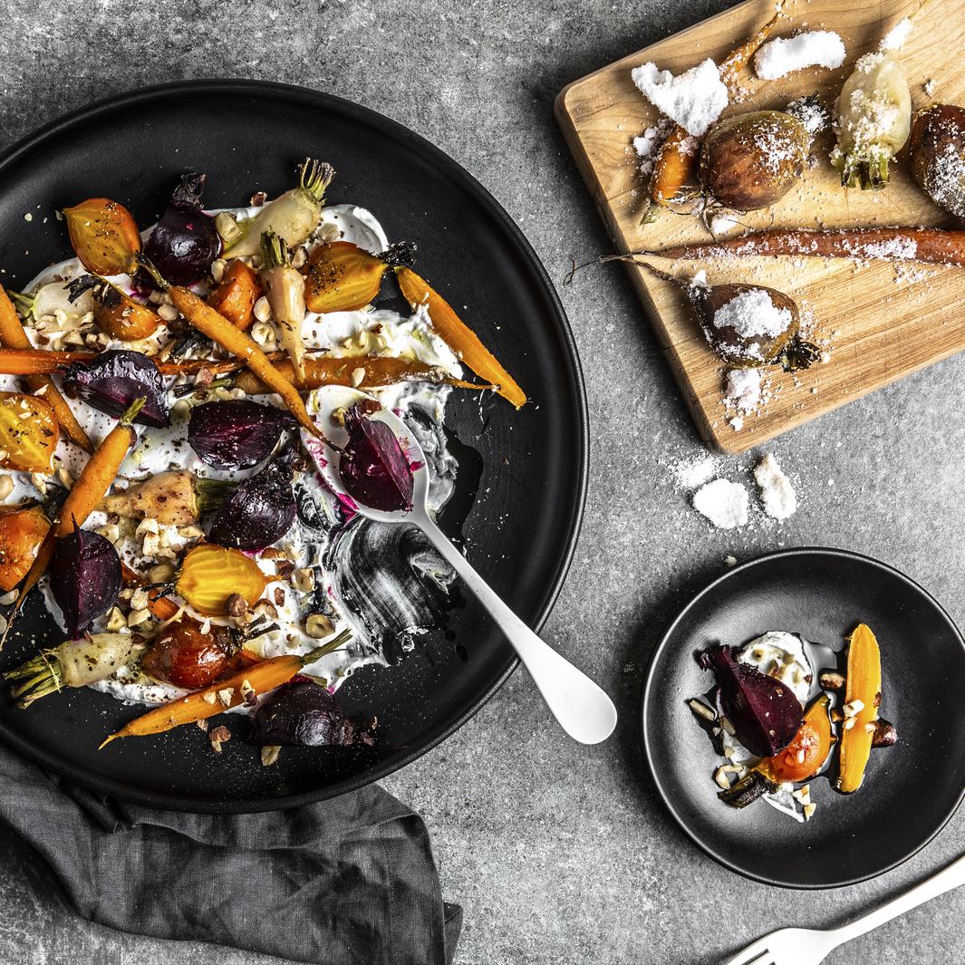 SaltRoasted Root Vegetables with Yogurt and Hazelnuts Recipe • June Oven