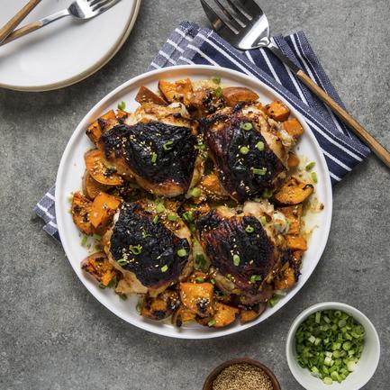 Charred Honey-Miso Butter Chicken with Sweet Potatoes
